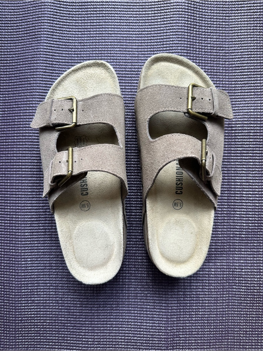 Double-Strap Suede Slide Sandals with Brass Buckles